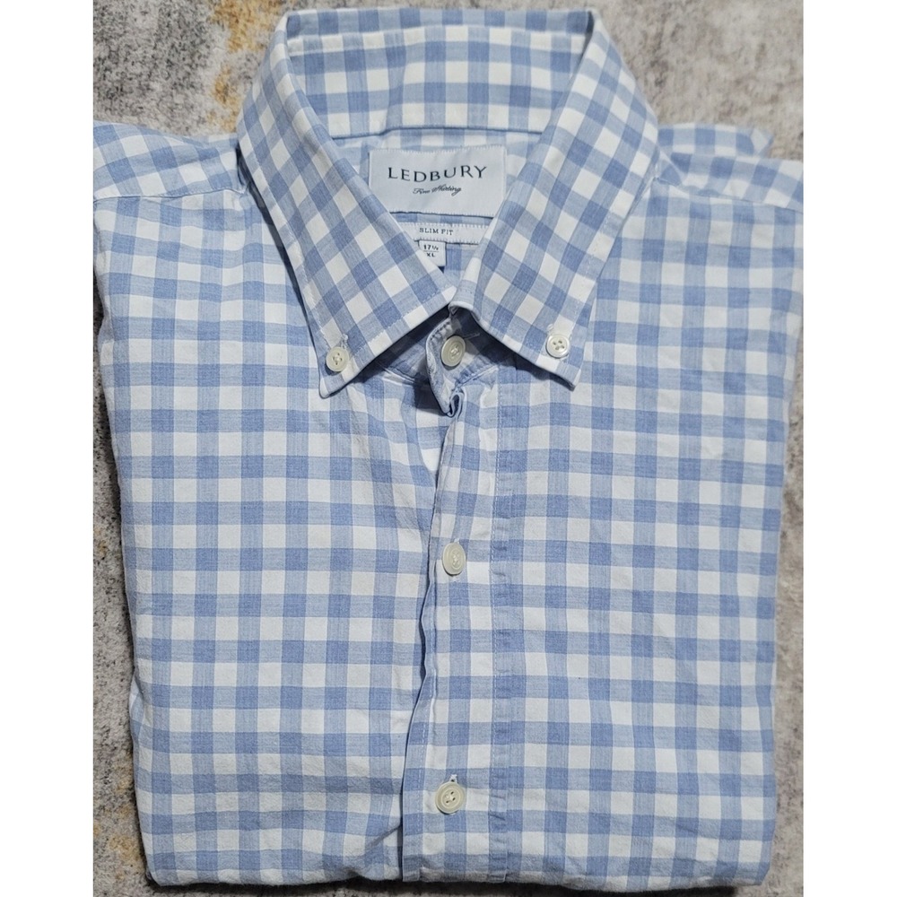 Ledbury Men's Blue Gingham Check Slim Fit Dress Shirt Size‎ 17.5/XL